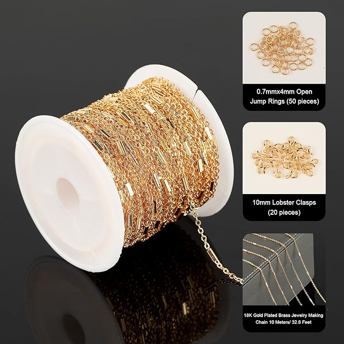 32.8ft 18K Gold Plated Jewelry Making Chain Bulk with 50pcs Jump Rings and 20pcs Lobster Clasps, Solid Brass Tube Bar Cable Link Chain Necklace Bracelet DIY Craft Chains