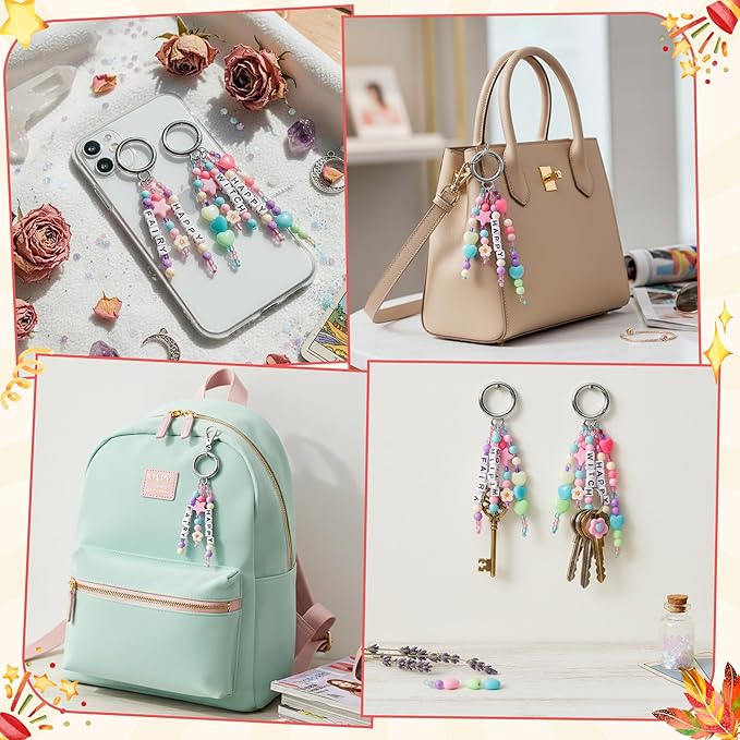 WATINC DIY Keychain Making Crafts Kits - Adjustable Letter Alphabet Beads Strings Keychain Flower Star Bow Beads Bulk, Bag Charms with Key Ring Supplies Jewelry Accessories Making Kit (1884PCS)