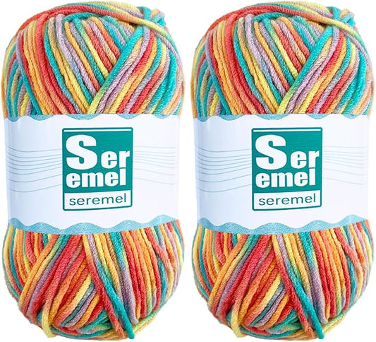 Dazzling Yellow Crochet/Knitting Rainbow Yarn Multicolor Variegated 100% Acrylic, Soft for Blanket & Handicraft, 2 Pcs (2*48g/2*142yards)