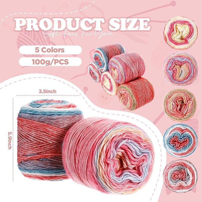 Timgle 5 Rolls Ombre Cake Yarn for Crocheting & Knitting, 3.5oz/100g 328yds Multicolor Self Striping Gradient Yarn, Soft 60% Cotton 30% Acrylic 10% Wool for Scarves Shawls Blankets Garments(Pink)
