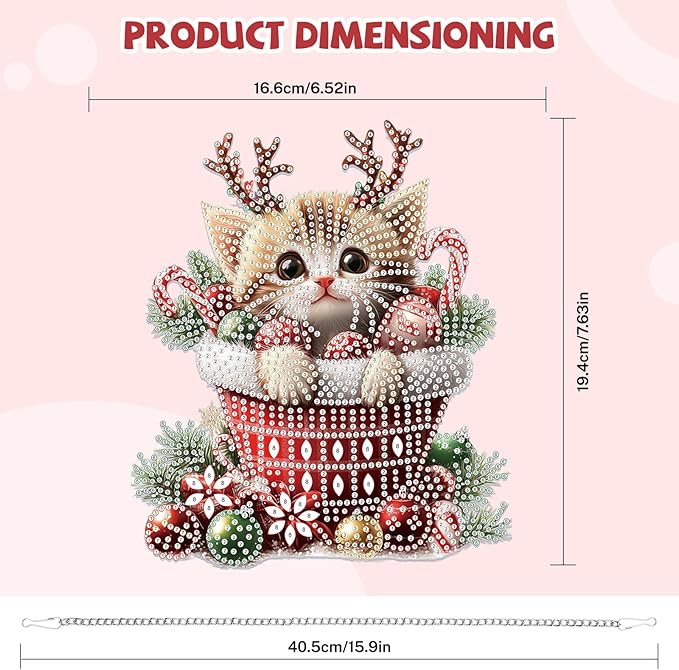 Bowetile Christmas Diamond Art Hanging Kits for Adults, Diamond Art Suncatchers Cat, 5D Special Shape Diamond Painting Pendant Window Ornament Christmas Gifts for Home Door Wall Decor
