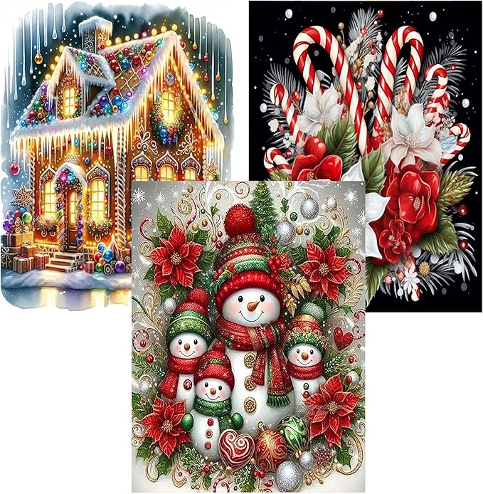 Christmas Diamond Art Kits for Adults - 3 Pack Snowman Candy House Diamond Painting Kits for Adults, 5D DIY Round Full Drill Gem Art Paint by Diamonds Dots Crafts Kits for Home Decor Gift 12x16inch