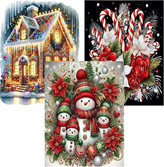 Christmas Diamond Art Kits for Adults - 3 Pack Snowman Candy House Diamond Painting Kits for Adults, 5D DIY Round Full Drill Gem Art Paint by Diamonds Dots Crafts Kits for Home Decor Gift 12x16inch