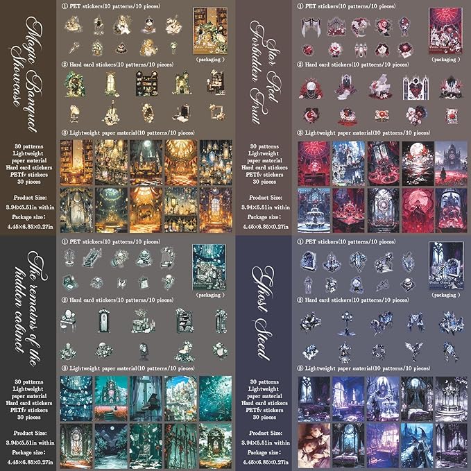 Doukado 120 Pieces Gothic Dark Horror Landscape Creation Sticker and Scrapbook Paper Kit, 4 Pack Dark Aesthetic Designs Stickers for Scrapbooking, Journaling, Waterproof DIY Crafts and Junk Journal