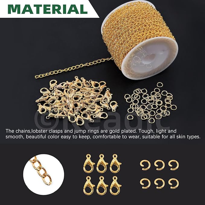 Keadic 102Pcs 30 Feet Jewelry Making Chains Kit W 3mm Metal Necklace Twisted Links Chain, Lobster Clasps, Open Jump Rings and Jewelry Pliers for Bracelet Earring Anklet DIY (Gold)