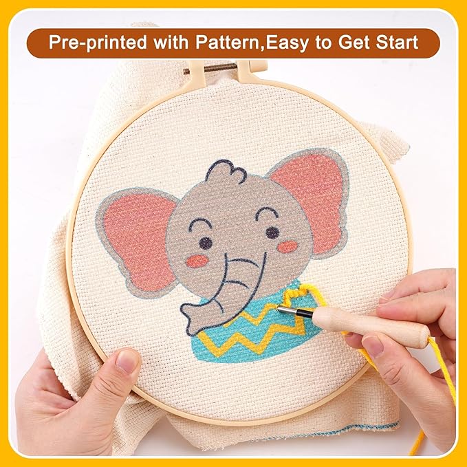 Pllieay 4 Sets Punch Needle Kits, Punch Needle Embroidery Kits for Beginner with Animal Pattern, Punch Needle Tool Including Pre-Printed Cloth, Punch Needle, Hoops and Yarns