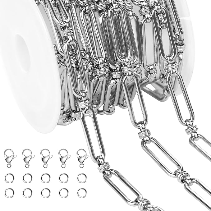 Jabogrii 6.5 Feet Silver Paperclip Chain for Jewelry Making DIY Craft Stainless Steel Jewelry Making Chains Spool Bulk