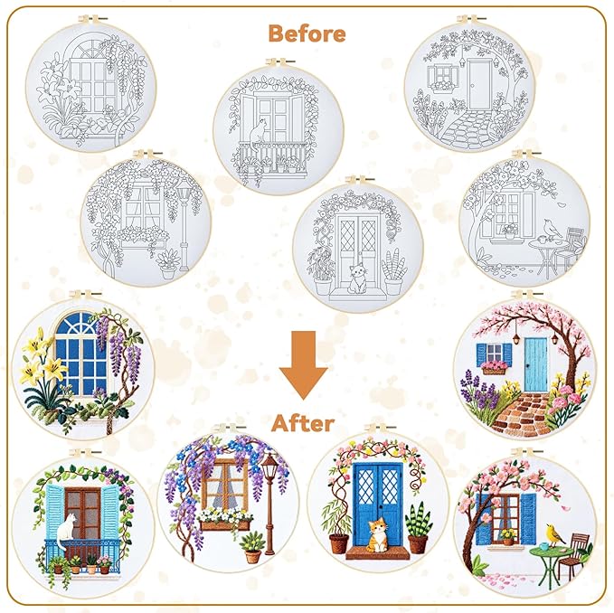 BEUNITONE Windows Flowers Embroidery Kit, 6PC Vintage Garden Scene with Birds Cat, Cottage Core Needlepoint Kits for Adults Beginners, DIY Home Decor Gift