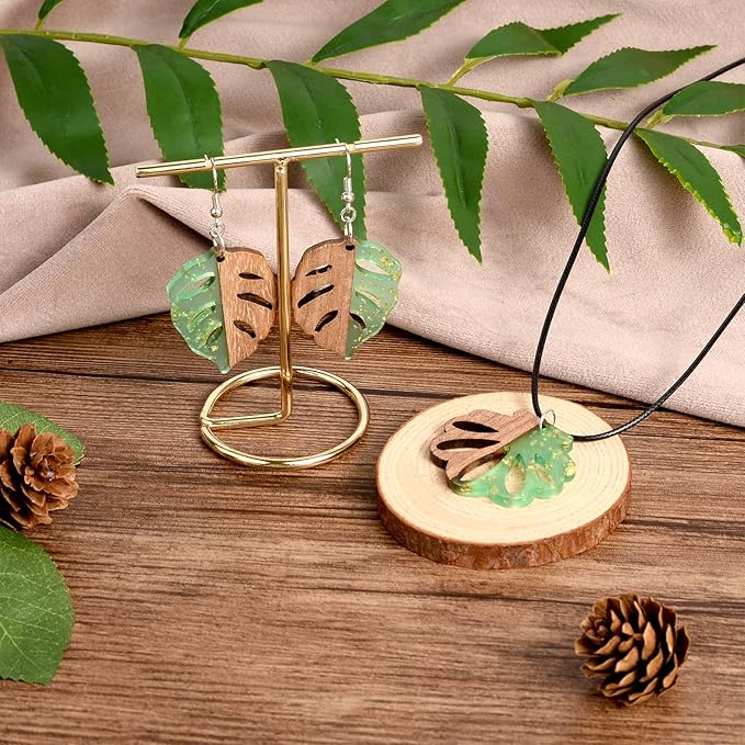 Beadthoven 20pcs/10 Pairs Boho Green Leaf Resin Wood Charms DIY Bohemian Earrings Transparent Tree Leaf Resin Wood Pendants Natural Wooden Pieces Tag Pendants for Jewelry Making Necklace Keychain