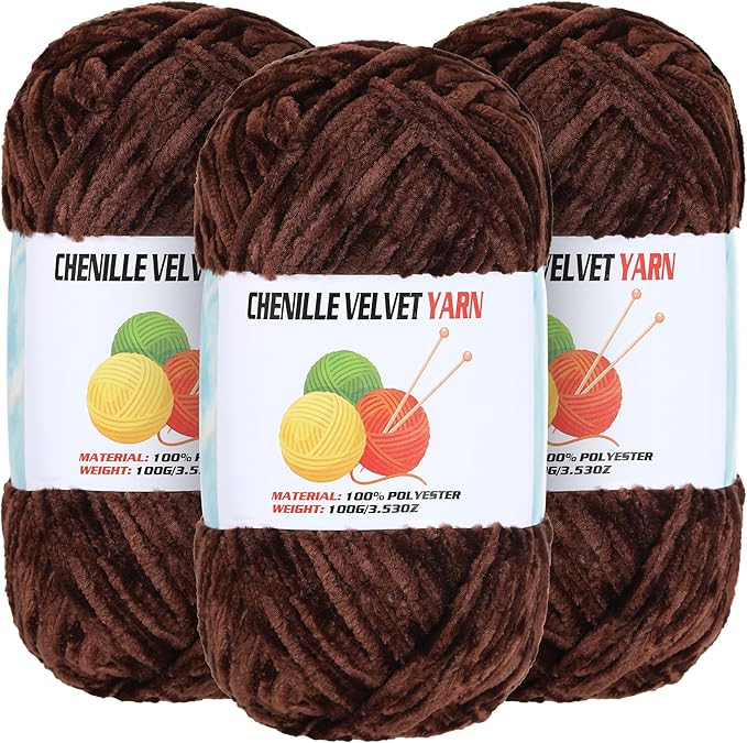 3 * 100g Velvet Chenille Chunky Yarn for Crocheting, Handcrafts Weaving Soft Chenille Yarn for Crocheting Clearance, Used for Making Baby Yarns Blanket, Clothes, Knitting Creations (Coffee Brown)
