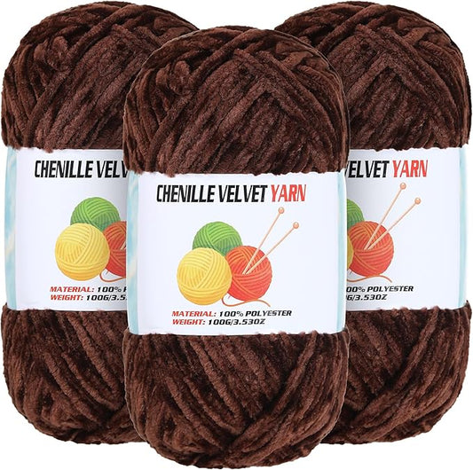 3 * 100g Velvet Chenille Chunky Yarn for Crocheting, Handcrafts Weaving Soft Chenille Yarn for Crocheting Clearance, Used for Making Baby Yarns Blanket, Clothes, Knitting Creations (Coffee Brown)