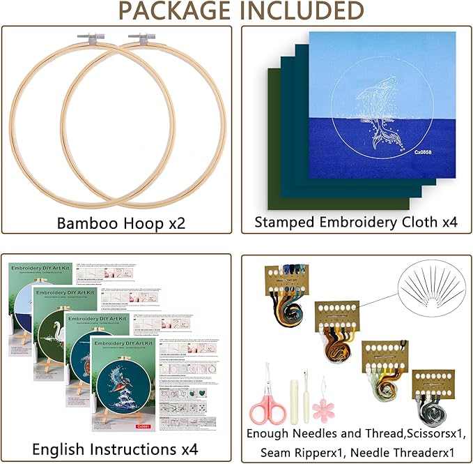 Picoey Embroidery Kit for Beginners with Animal Pattern and Instructions,4 Pack Cross Stitch Kits,2 Wooden Embroidery Hoops,Threads and Needles,Needlepoint Kit