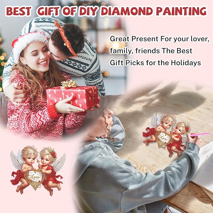 Bowetile Valentine's Day Diamond Art Hanging Kits for Adults, Diamond Art Suncatchers Cupid, 5D Special Shape Diamond Painting Love Pendant Window Ornament Gifts for Home Door Wall Decor