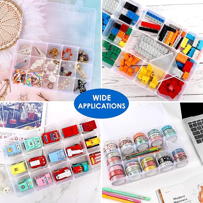 SGHUO 2 Pack 15 Girds Bead Organizer, Large Clear Plastic Organizer Box with Adjustable Dividers for Beads, Art DIY, Crafts, Jewelry, Fishing Tackle with Label Stickers