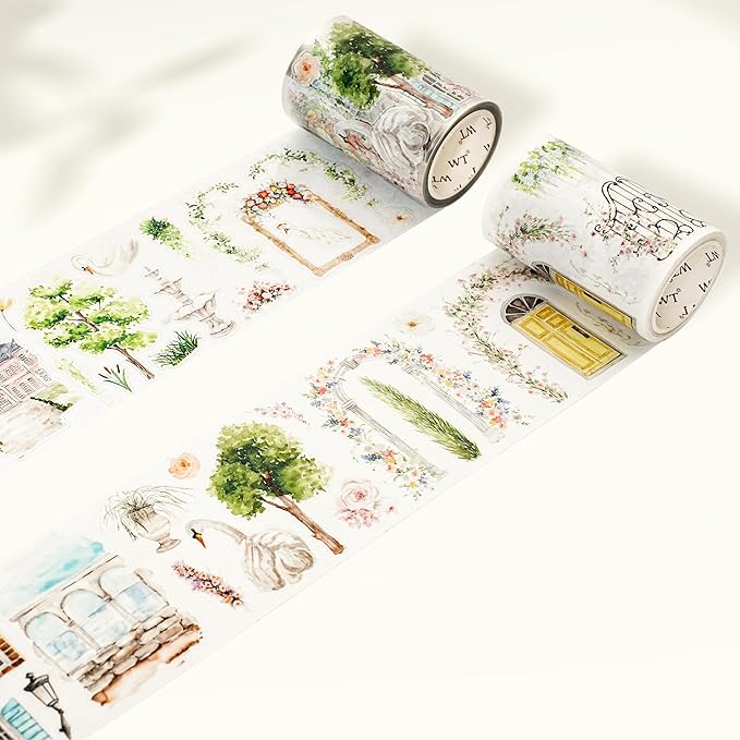 WT Pre-Cut French Courtyard Wide PET Tape, Single Roll, Romantic European Courtyard Style with Floral Designs, Transparent Decorative Tape for Journaling, Scrapbooking, Planner, DIY Crafts