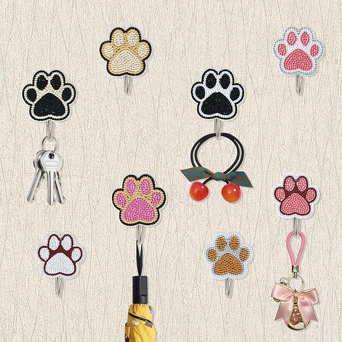 antor 8 Pack Pet Paw Diamond Painting Hooks – DIY Rhinestone Art Wall Hangers, Cute Animal Paw Design Adhesive Hooks for Keys, Towels, Bags, Home Entryway Kitchen Bathroom Decor