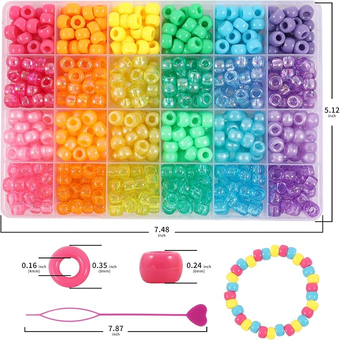 Kandi Beads Bracelet Making Kit, 720pcs Rainbow Pony Beads for Jewelry Making DIY Crafts for Women, Hair Bead for Braids with 3 Hair Beaders Rubber Bands