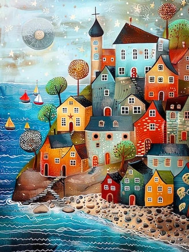 ijbnhd Diamond Art Kits for Adults - House Diamond Painting Kits for Adults, 5D Diamond Painting Dream House, DIY Full Drill Diamond Painting Beach Gem Art Crafts 12x16inch