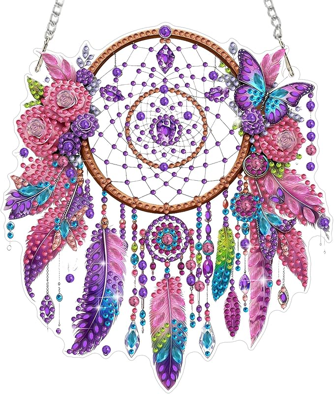 MEIYUDA Dreamcatcher Diamond Art Hanging Kits for Adult, Pink Dreamcatcher Diamond Painting Hanging Kits Ornaments, DIY Special Shaped Rhinestone Window Pendants kit for Home Garden Wall Decor Gift