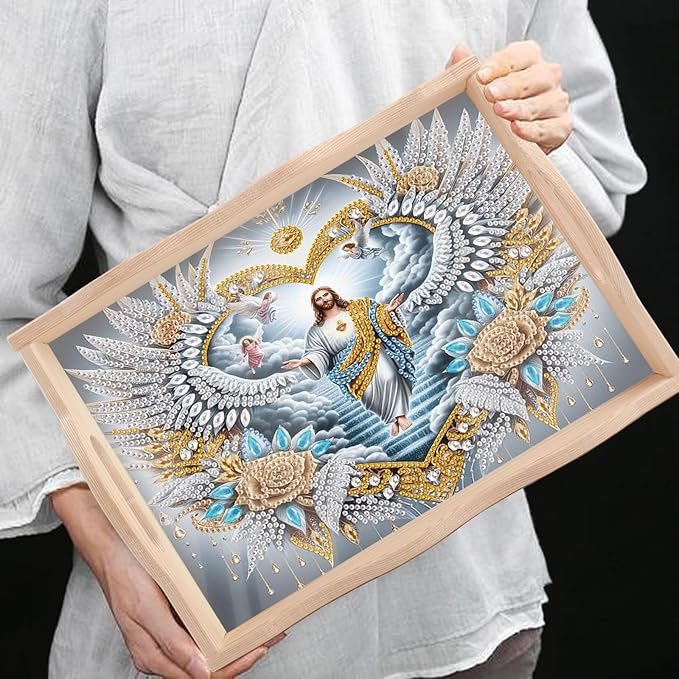 DIY Diamond Art Tray with Handle Diamond Art Painting Plate Creative Design Handmade Wooden Tray Mosaic Making Kits by Number Kits Diamond Art for Coffee Living Room Home Organizer (Jesus Christ)