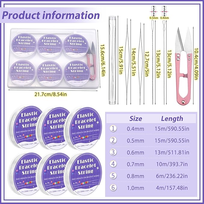 UOOU 6 Size Elastic String for Bracelets, 0.4mm,0.5mm,0.6mm,0.7mm,0.8mm,1mm Clear Stretchy Bracelet String with Beading Needles, Friendship Bracelet String for Jewelry Making Supplies