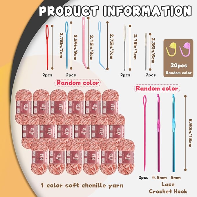 LUNARM 18 Skeins Chenille Yarn for Crocheting, Handmake Weaving Thick Soft Chunky Yarn for Blankets Clothes Crochet Craft with Crochet Hooks Needles Stitch Markers,3.53oz/Skein(Peach Pink)