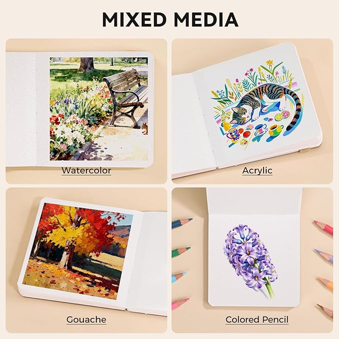 Watercolor Journal - 100% Cotton Cold Press Paper | 20 Sheets 40 Pages | 300GSM (140lb) | PU Leather Cover Watercolor Sketch Books for Artists Painting,Mixed Media 3.9in x 3.9in