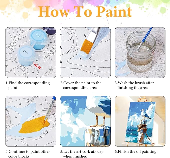 Framed Paint by Numbers Kit for Adults Beginner Seagull, Adult Paint by Number Kits on Canvas Framed Seascape, DIY Acrylic Oil Painting by Numbers with Frame, Perfect for Home Decor Gift 8 X 12 Inch