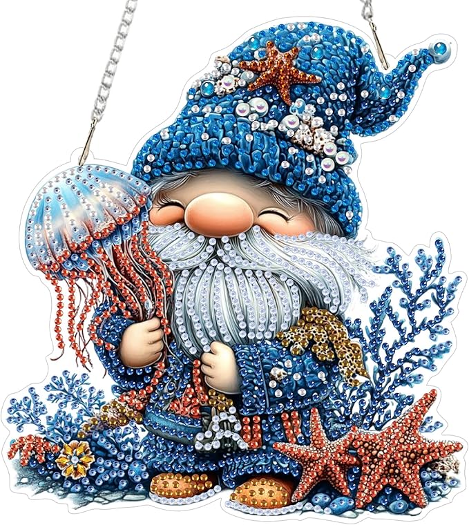 Lxmsja DIY Adorable Gnome Diamond Painting Hanging Ornament, Double-Sided Acrylic Jellyfish Diamond Art Kit, Special Shaped Suncatcher Hanging Pendant Window Art Kit 8x7 inch