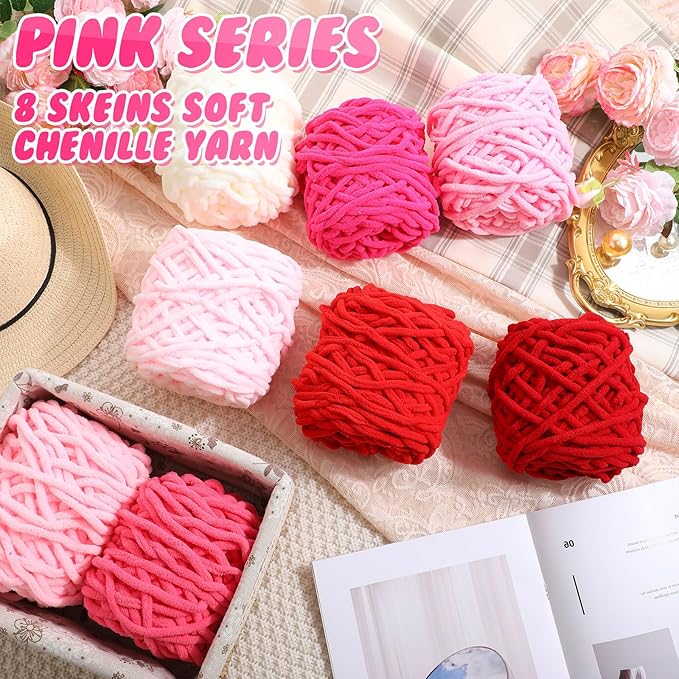 Buryeah 8 Pack Chunky Chenille Yarn for Crocheting Soft Thick Fluffy Yarn for Hand Knitting Bulky Velvet Blanket Plush for Weaving DIY Crafts Each 3.5 oz 55 Yards (Pink Series)
