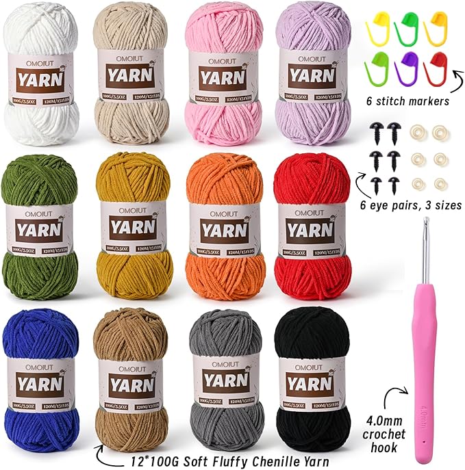 12 Pack 42.3oz/1572yds Bulky Multicolor Yarn Set, Plush Chenille Blanket Yarn for Crocheting, Fluffy Velvet Yarns for Crochet, Fuzzy Baby Yarns for Crocheting Soft, Crochet Amigurumi C