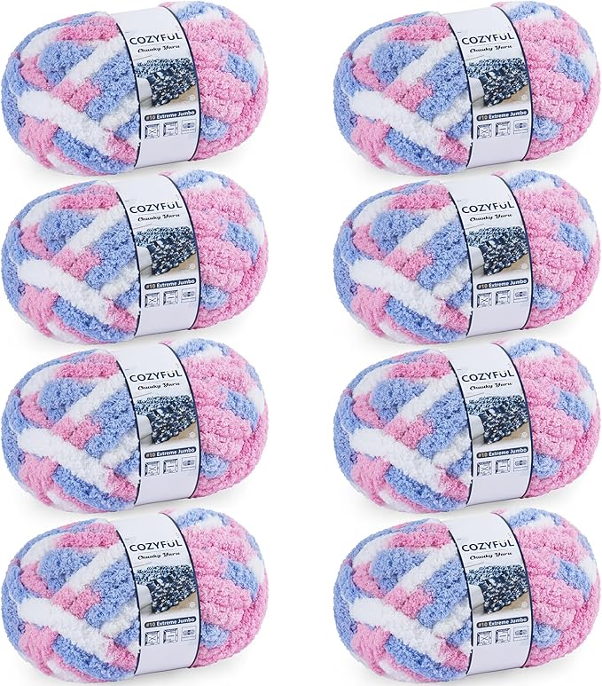 Chunky Yarn for Hand Knitting - #10 Chunky Chenille Blanket Yarn, Jumbo Big Thick Chunky Yarns for Crocheting, Tie Dye Bulky Knit Yarns, 8 Skein (25 yds 8 oz Each Skein), Blue & Pink & White