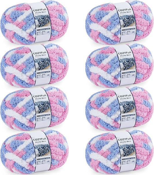 Chunky Yarn for Hand Knitting - #10 Chunky Chenille Blanket Yarn, Jumbo Big Thick Chunky Yarns for Crocheting, Tie Dye Bulky Knit Yarns, 8 Skein (25 yds 8 oz Each Skein), Blue & Pink & White