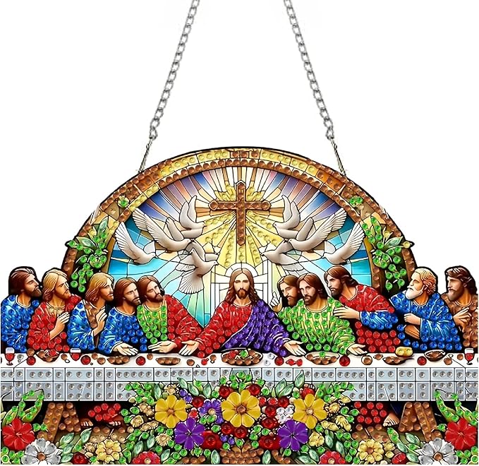 STGLCR Religious Diamond Art Hanging Kit for Adult The Last Supper,Special Shaped DIY Acrylic Jesus Christ Cross Diamond Art Painting Window Pendants Home Garden Wall Hanging Kits Hanging Ornament
