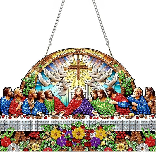 STGLCR Religious Diamond Art Hanging Kit for Adult The Last Supper,Special Shaped DIY Acrylic Jesus Christ Cross Diamond Art Painting Window Pendants Home Garden Wall Hanging Kits Hanging Ornament