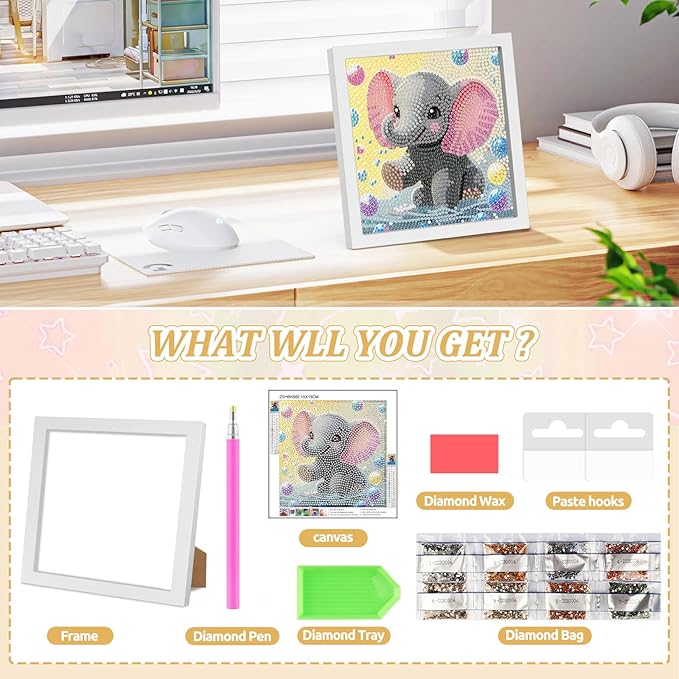 SENQAO Elephant Diamond Art Kit for Adults with Frame Art and Crafts for Adults Ages 6-8 -10-12 Easy to DIY Diamond Art for Adults and Adult Beginners Home Wall Decoration 7.1x7.1inch
