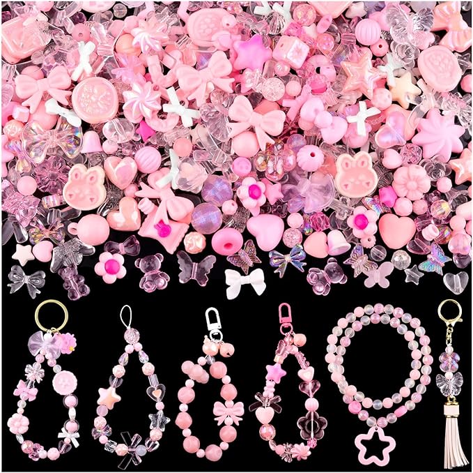 200-260pcs tinkrstuff assorted pink acrylic beads for bracelet making, cute beads for jewelry making,flower bow butterfly candy gummybear aesthetic bracelet charms diy necklace keychain phone charm