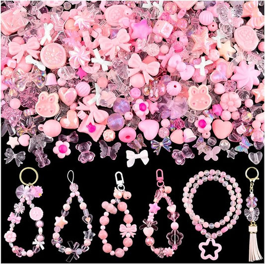 200-260pcs tinkrstuff assorted pink acrylic beads for bracelet making, cute beads for jewelry making,flower bow butterfly candy gummybear aesthetic bracelet charms diy necklace keychain phone charm
