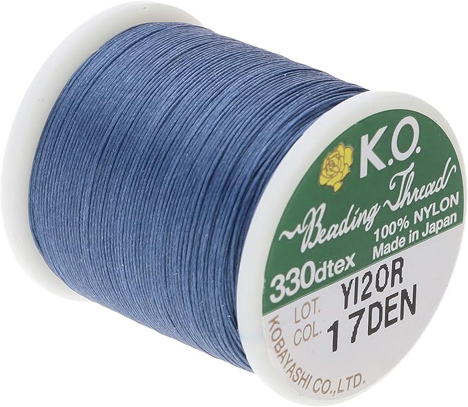 KO Nylon Beading Thread, Denim Blue Color, Japanese Pre-Waxed 100% Nylon, 330TEX, Tangle Resistant Knotting Cords, 50m /55 yds Spool, Use for Seed Bead Projects, Loom Work & Bead Weaving