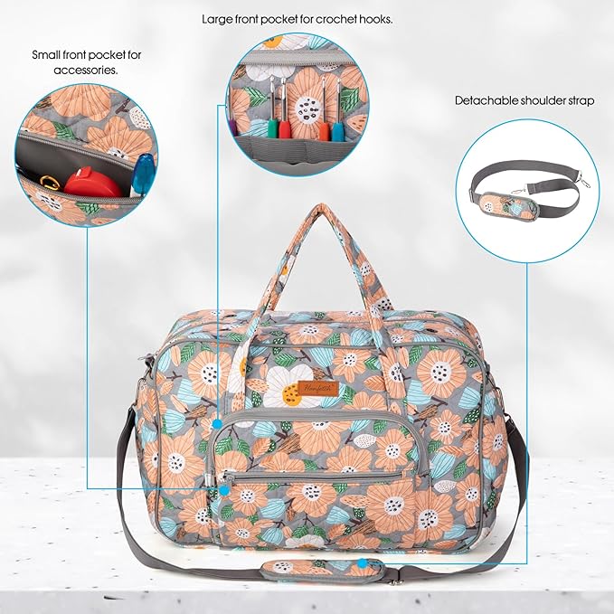 Yarn Storage Organizer, Knitting Crossbody Bag, Large Crochet Tote Bag Yarn Holder Case for Carrying Projects, Knitting Needles, Crochet Hooks and Other Accessories (Flower-Grey)