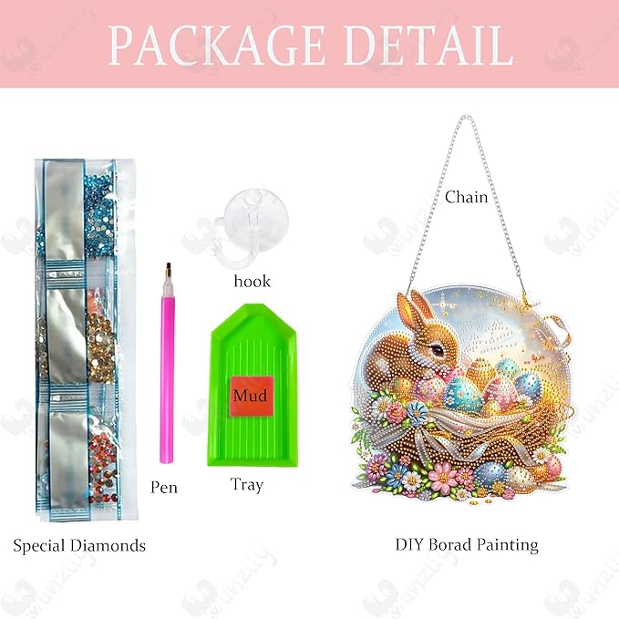 Yunzlly DIY Hanging Diamond Art Pendant Kit, Special Crystal Double Sided Diamonds Painting Ornament Kit for Adults, Acrylic Gem Painting Board for Window&Door&Wall (Rabbit and Eggs)