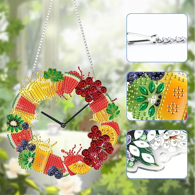 Lxmsja DIY Fruit Clock Diamond Painting Hanging Ornament, Double-Sided Acrylic Orange Juice Diamond Art Kit, Special Shaped Suncatcher Hanging Pendant Window Art Kit 8x8 inch