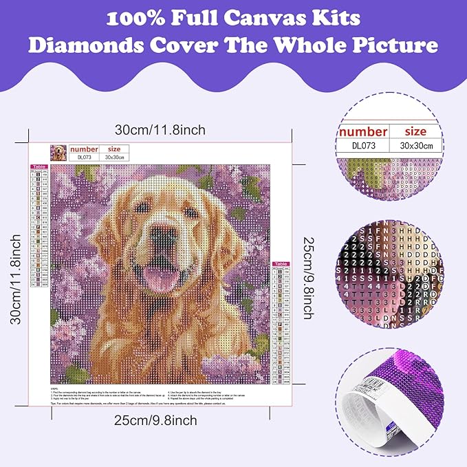 SENQAO 5D Diamond Painting Kits for Adults, Golden Retriever Diamond Art Kits for Adults Beginners, DIY Full Drill Round Diamond Dot Gem Art, Craft Gift Suitable for Home Wall Decoration 12×12 inch