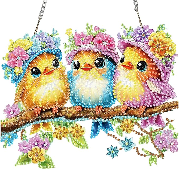Miwixy Three Birds Hanging Diamond Art Kits for Adults,Colorful Flowers Special Shaped Crystal Diamond Painting Ornament DIY Double-Sided Pattern Window Pendant Gem Art Kit for Home Wall Decor