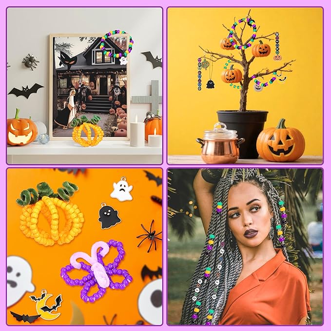 Sahoottie 640 Pcs Halloween Bracelet Kit, Halloween Beads for Bracelet Jewelry Making Kit, Orange Black Green Purple Pony Beads for DIY Craft Necklace Charm