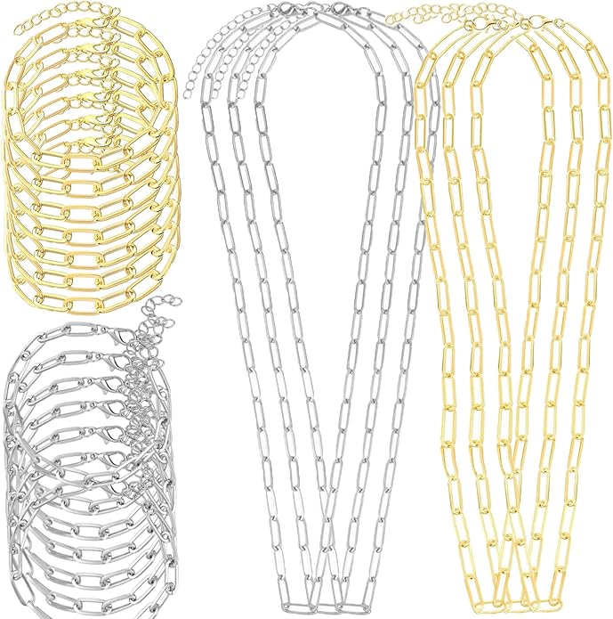 22 Pcs Necklace Bracelet Kit, Charms Chain Bracelet Necklace Kit with Lobster Clasps Charm Bulk Bracelets Chains Paperclip Necklaces Chain Charms for Jewelry Making Women