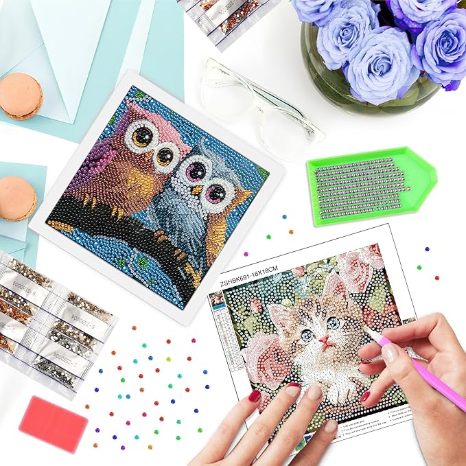 SENQAO Owl Diamond Art Kit for Adults with Frame Art and Crafts for Adults Ages 6-8 -10-12 Easy to DIY Diamond Art for Adults and Adult Beginners Home Wall Decoration 7.1x7.1inch
