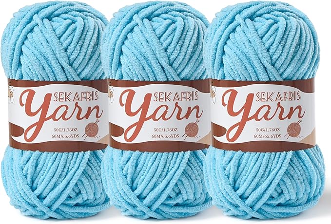 3 Pack Fluffy Velvet Yarn for Crocheting，Baby Blanket Yarn for Crocheting Soft，150g(196.8yds) Amigurumi Yarns，Plush Chenille Crochet Yarns，Puzzle Yarn for Crochet Weaving Craft(3 Azure)
