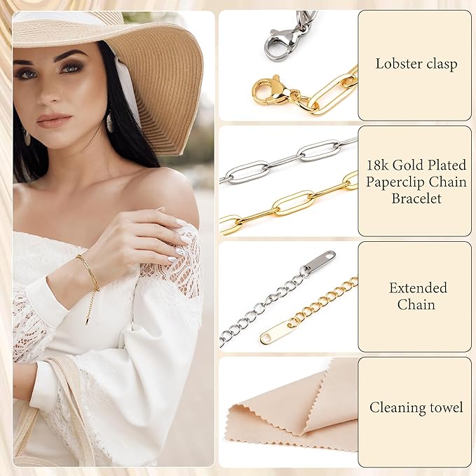 Starry 12 PCS Charm Bracelet Kit 18K Gold Plated Charm Bracelet Making Kit 6.3Inch Paperclip Chains Bracelets with Lobster Clasps Extender Chain DIY Adjustable for Jewelry Making (Gold & Silver)