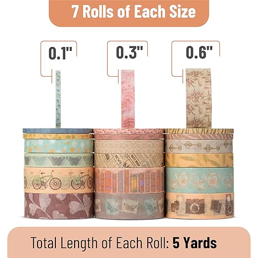 Mr. Pen- Washi Tape Set, 21 Rolls, Assorted Sizes, Vintage Charm Design, Washi Tape for Journaling